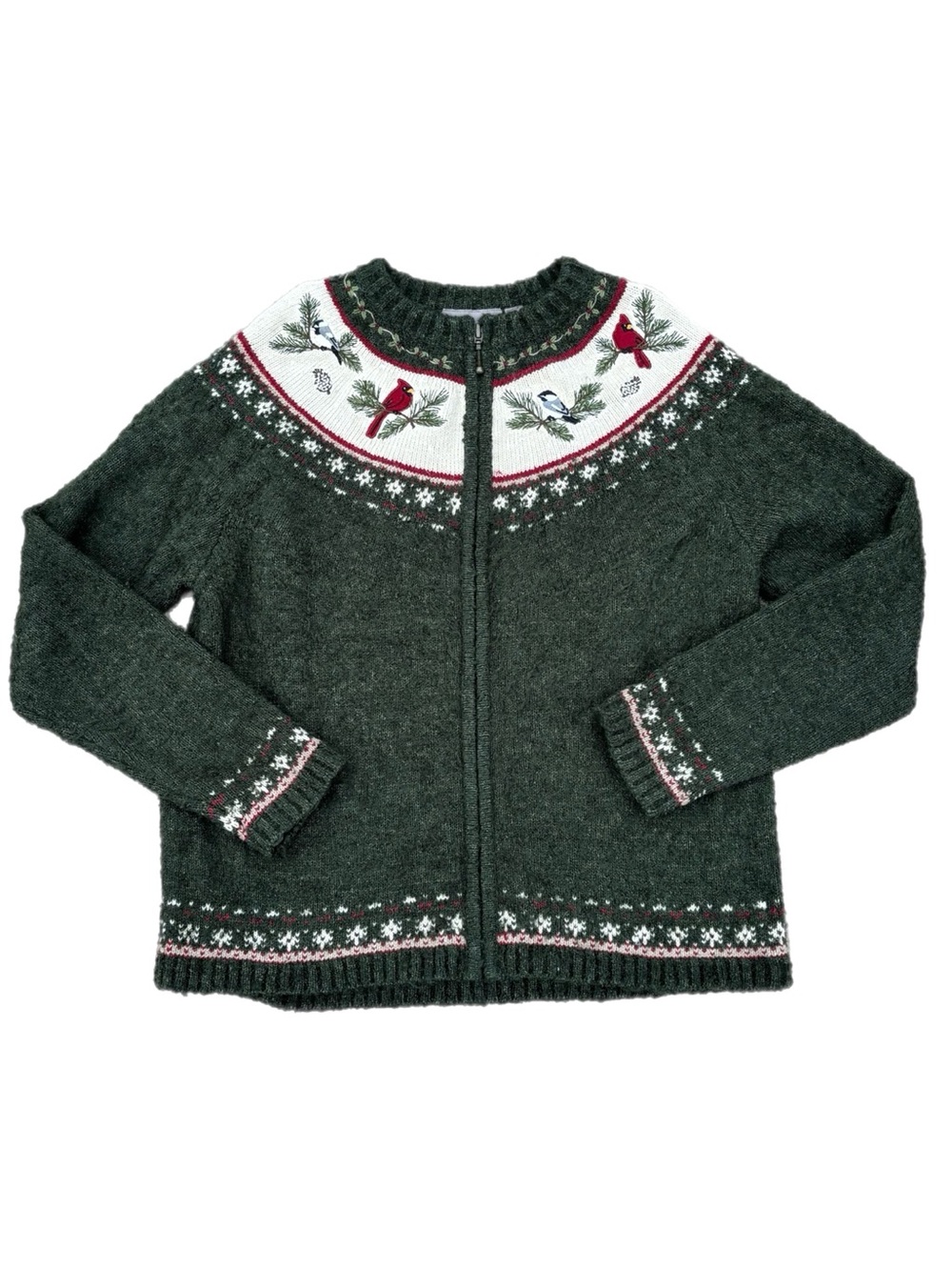 croft & barrow Green Zip-Up Sweater with Cardinal and Bird Motifs